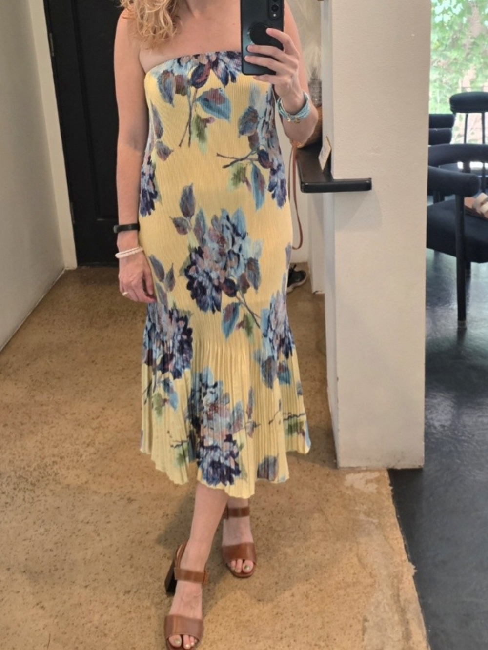 Abercrombie & Fitch Yellow Strapless Floral Pleated Midi Dress